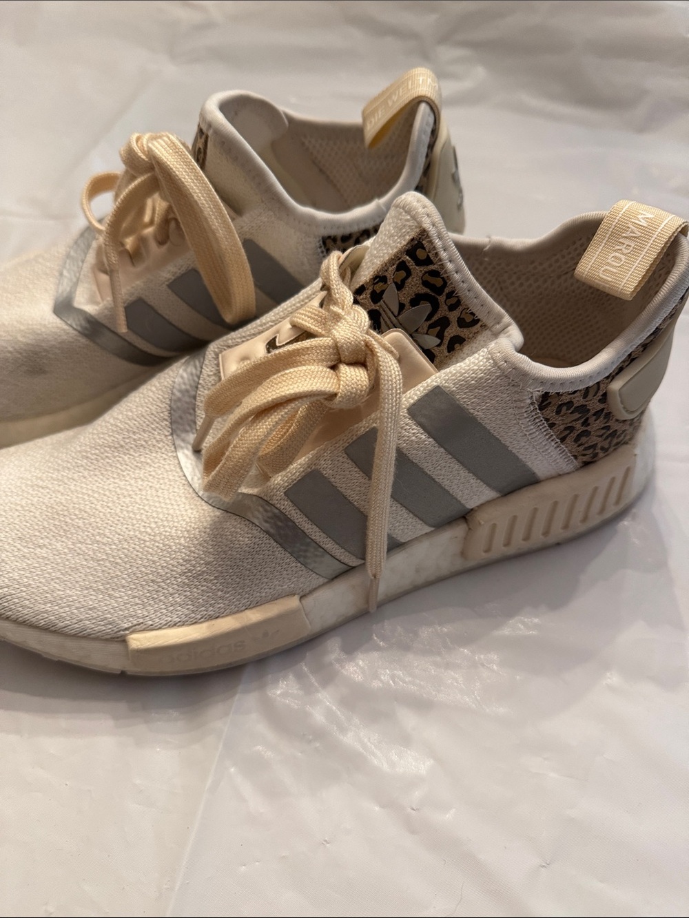 adidas women’s NMD R1 Boost knit low top Sneakers with Leopard Print Heel